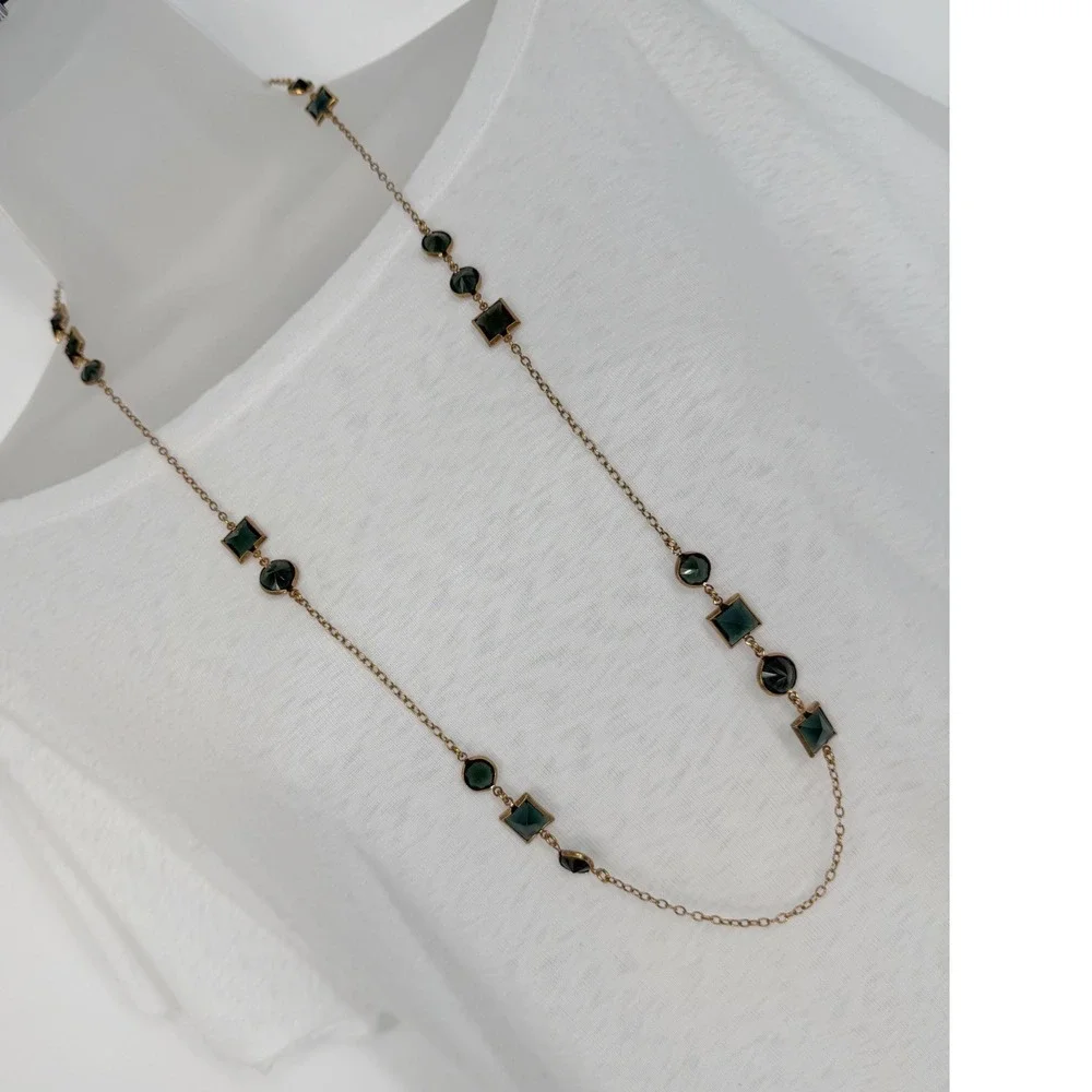 J.Crew Long Necklace‎ Gold Tone Emerald Green Geometric Resin Stones 103-37